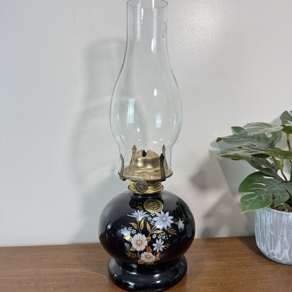 Vintage Lamplight Farms Oil Lamp Kerosene Lantern Black Floral Glass Chimney